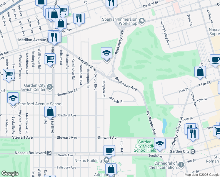 map of restaurants, bars, coffee shops, grocery stores, and more near 145 Hampton Road in Garden City