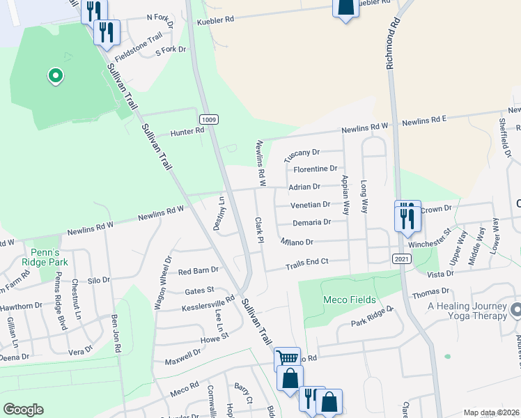 map of restaurants, bars, coffee shops, grocery stores, and more near 2748 Clark Place in Easton