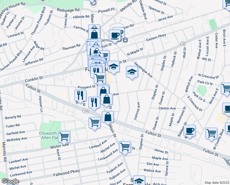 map of restaurants, bars, coffee shops, grocery stores, and more near 59 Grant Avenue in Farmingdale