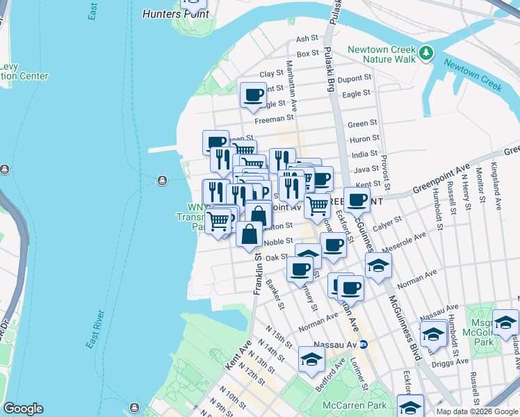 map of restaurants, bars, coffee shops, grocery stores, and more near 134 Franklin Street in Brooklyn