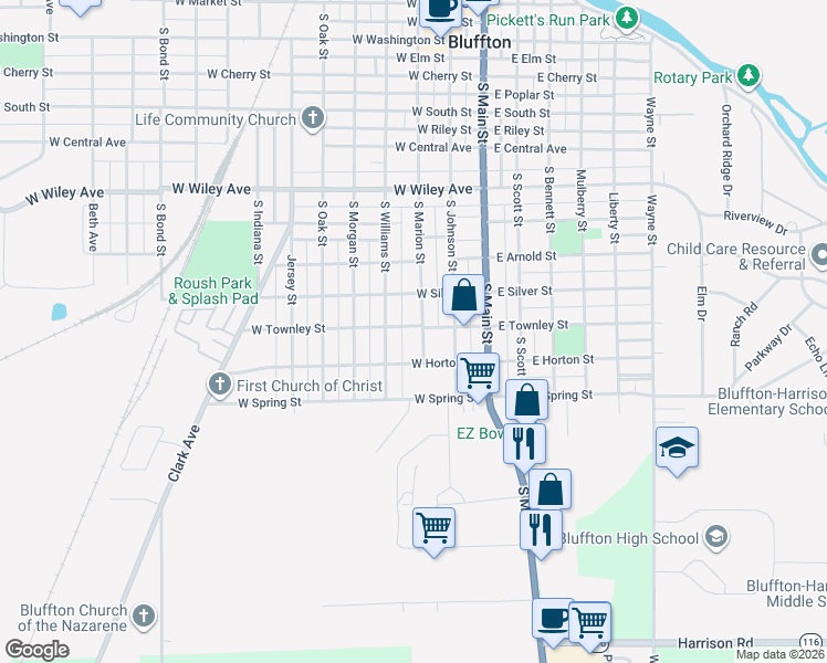 map of restaurants, bars, coffee shops, grocery stores, and more near 315 West Horton Street in Bluffton