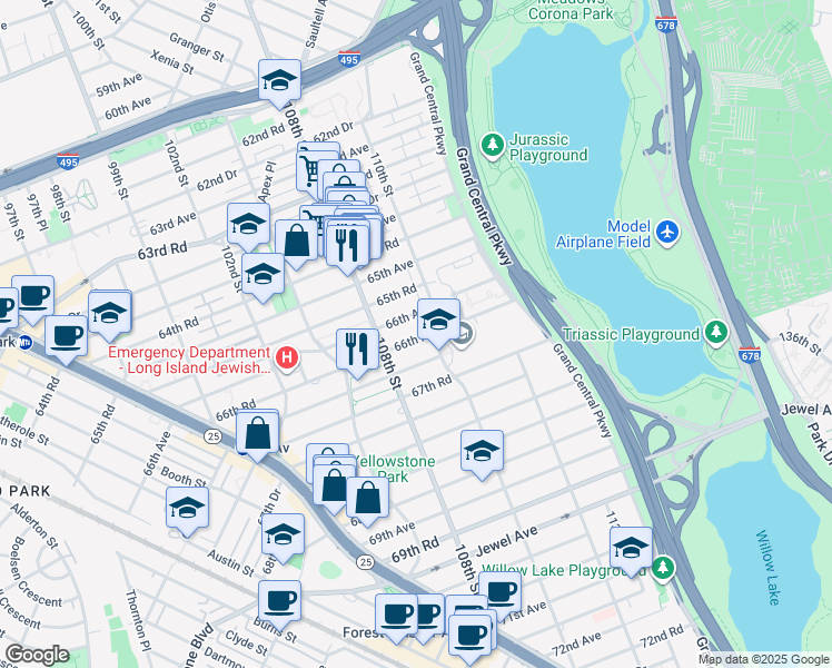 map of restaurants, bars, coffee shops, grocery stores, and more near 108-33 67th Avenue in Queens