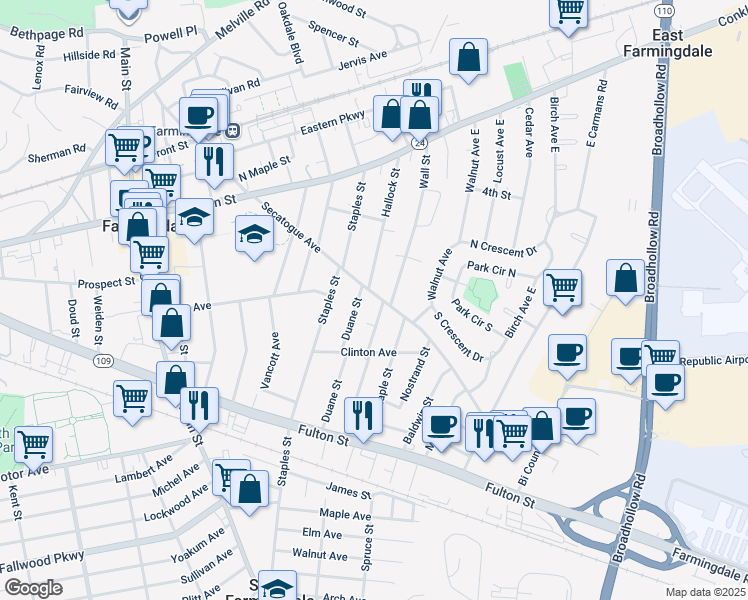 map of restaurants, bars, coffee shops, grocery stores, and more near 462 Secatogue Avenue in Farmingdale