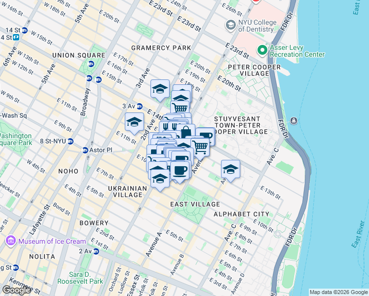 map of restaurants, bars, coffee shops, grocery stores, and more near 416 East 13th Street in New York