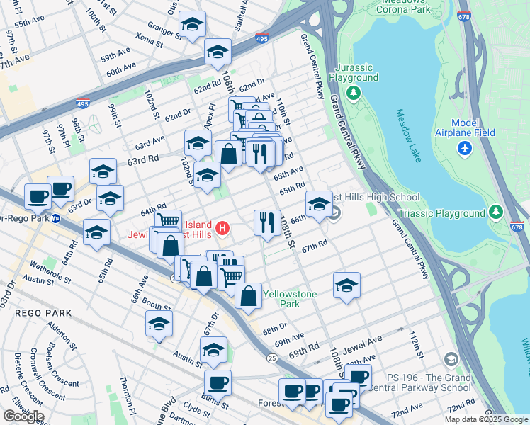 map of restaurants, bars, coffee shops, grocery stores, and more near 105-33 66th Avenue in Queens