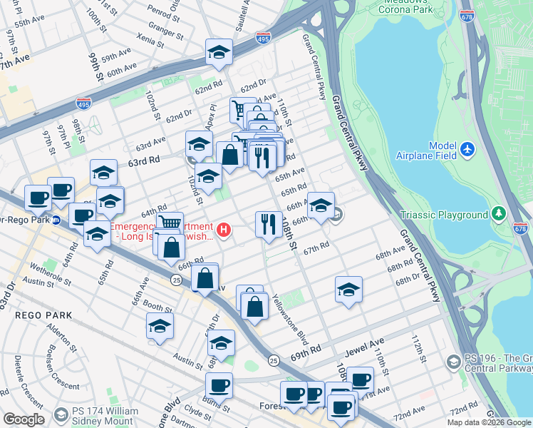 map of restaurants, bars, coffee shops, grocery stores, and more near 105-20 66th Avenue in Queens