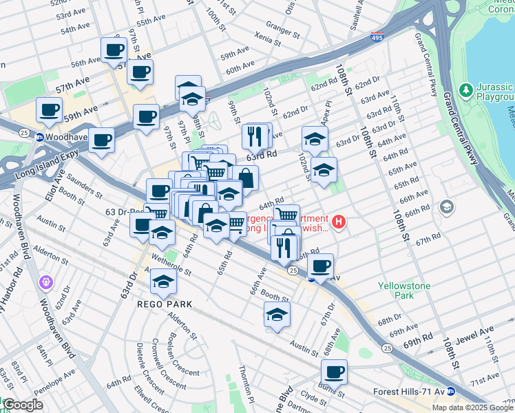 map of restaurants, bars, coffee shops, grocery stores, and more near 9825 65th Avenue in Queens