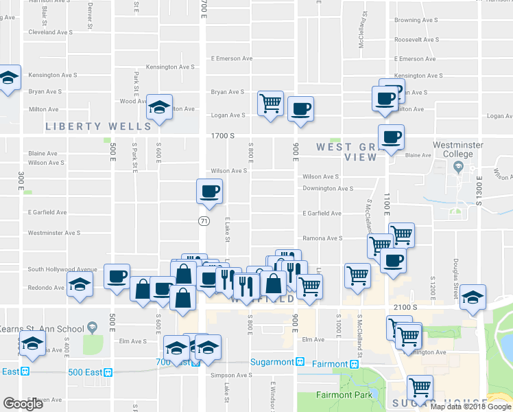 map of restaurants, bars, coffee shops, grocery stores, and more near 1845 South 800 East in Salt Lake City