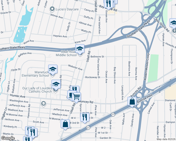map of restaurants, bars, coffee shops, grocery stores, and more near 519 Rockaway Street in West Islip