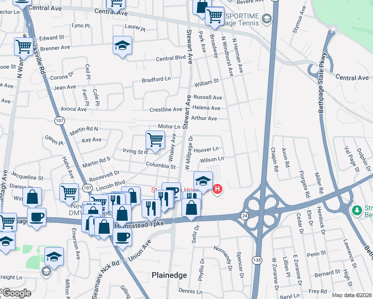 map of restaurants, bars, coffee shops, grocery stores, and more near 261 Stewart Avenue in Bethpage