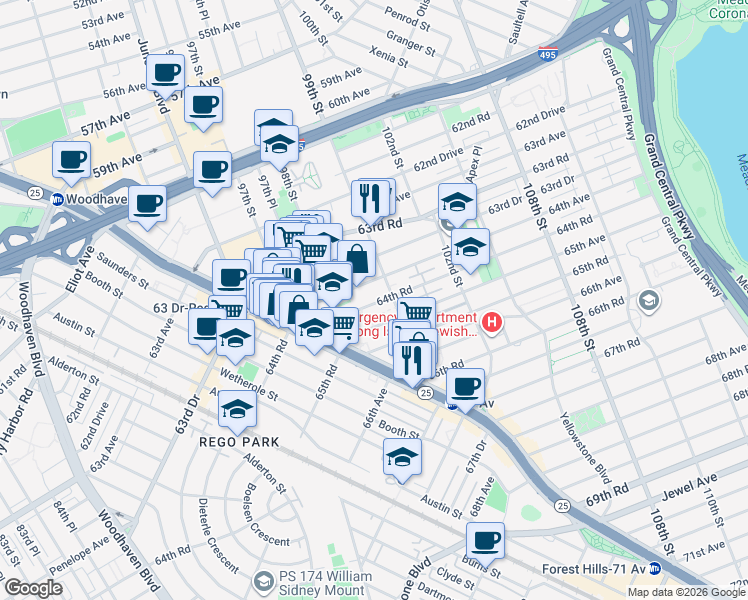 map of restaurants, bars, coffee shops, grocery stores, and more near 9825 65th Avenue in Queens