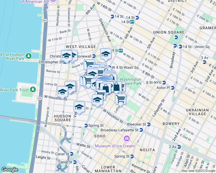 map of restaurants, bars, coffee shops, grocery stores, and more near 115 MacDougal Street in New York