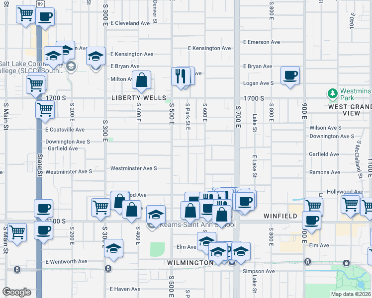 map of restaurants, bars, coffee shops, grocery stores, and more near 538 Downington Avenue South in Salt Lake City