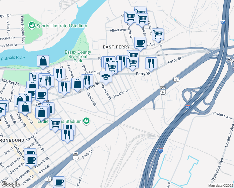 map of restaurants, bars, coffee shops, grocery stores, and more near 56 Cortland Street in Newark