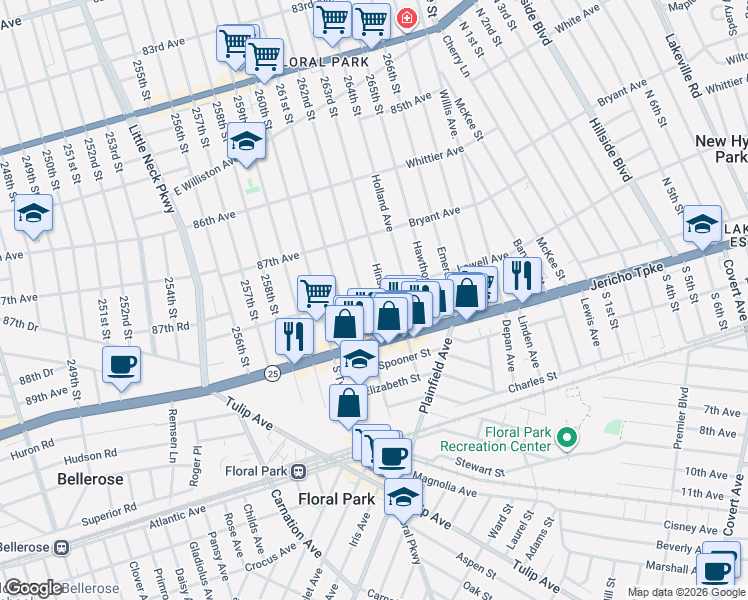map of restaurants, bars, coffee shops, grocery stores, and more near 8 Hinsdale Avenue in Floral Park