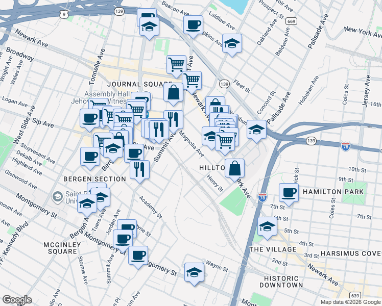 map of restaurants, bars, coffee shops, grocery stores, and more near 230 Baldwin Avenue in Jersey City