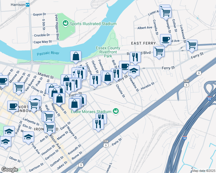 map of restaurants, bars, coffee shops, grocery stores, and more near 425 Ferry Street in Newark