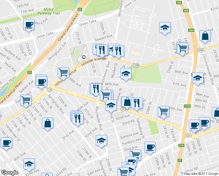 map of restaurants, bars, coffee shops, grocery stores, and more near 88-11 Sabre Street in Queens