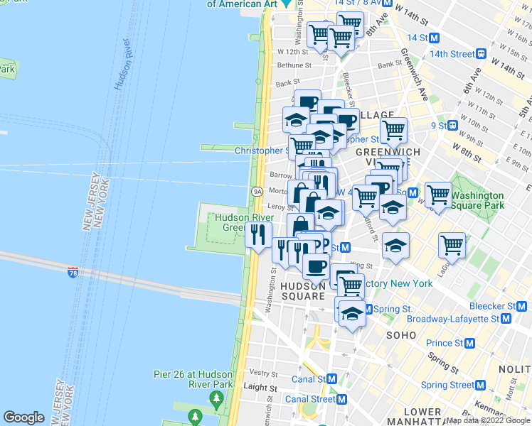 map of restaurants, bars, coffee shops, grocery stores, and more near 435 Hudson Street in New York
