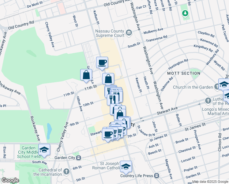 map of restaurants, bars, coffee shops, grocery stores, and more near 1001 Franklin Avenue in Garden City