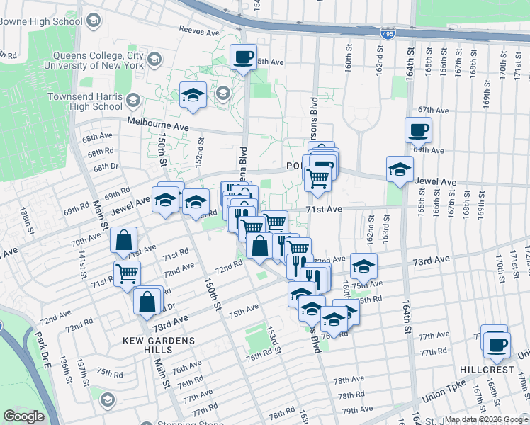 map of restaurants, bars, coffee shops, grocery stores, and more near 154-54 71st Avenue in Queens