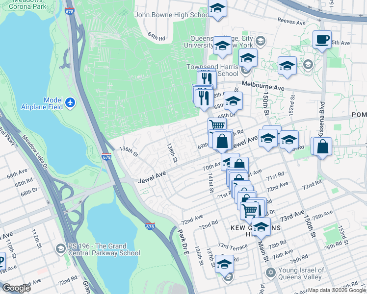 map of restaurants, bars, coffee shops, grocery stores, and more near 138-29 Jewel Avenue in Queens