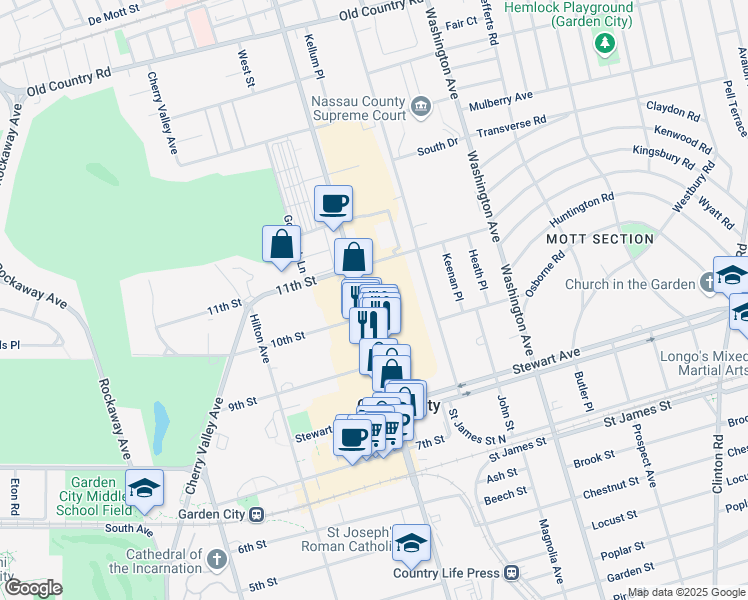 map of restaurants, bars, coffee shops, grocery stores, and more near 1001 Franklin Avenue in Garden City