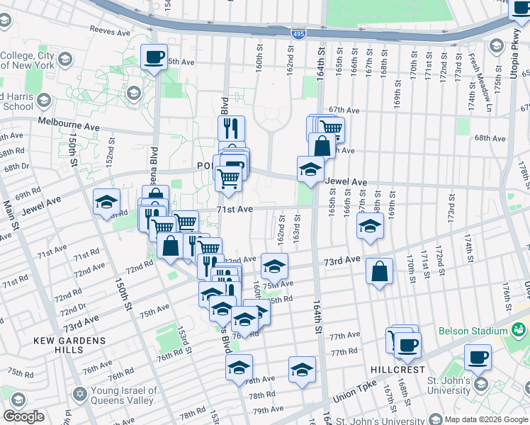 map of restaurants, bars, coffee shops, grocery stores, and more near 71-30 162nd Street in Queens