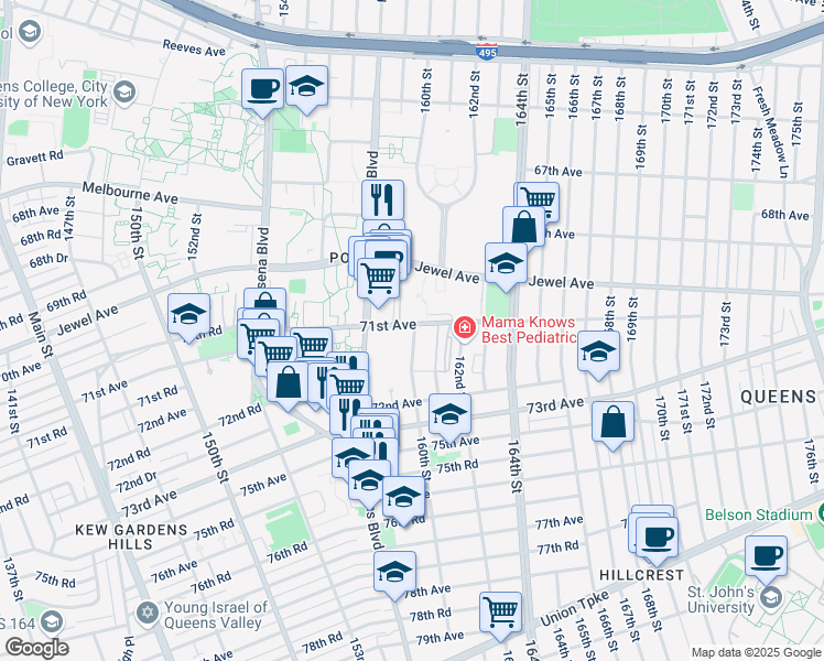 map of restaurants, bars, coffee shops, grocery stores, and more near 71-27 Park Avenue in Queens