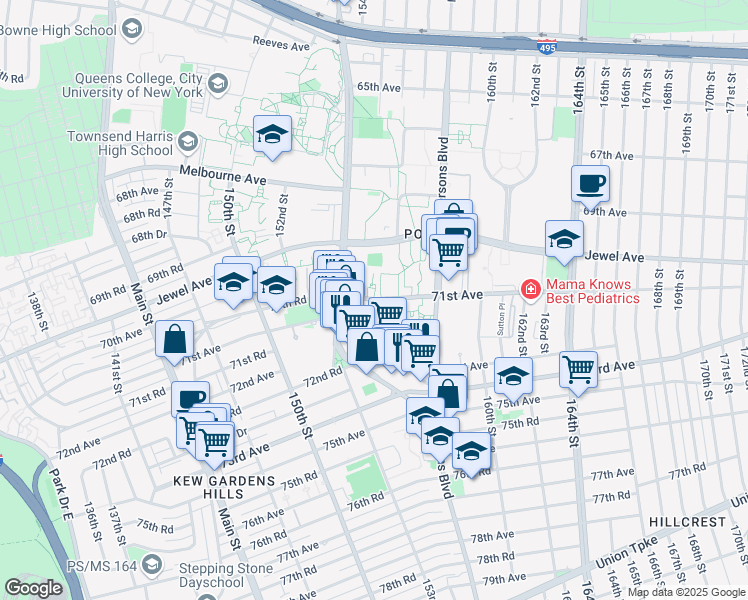 map of restaurants, bars, coffee shops, grocery stores, and more near 154-54 71st Avenue in Queens