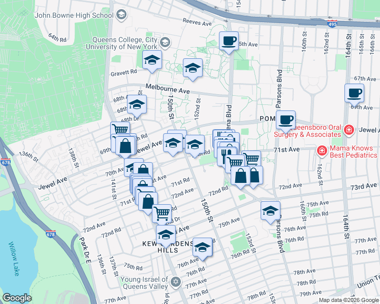 map of restaurants, bars, coffee shops, grocery stores, and more near 70-35 150th Street in Queens