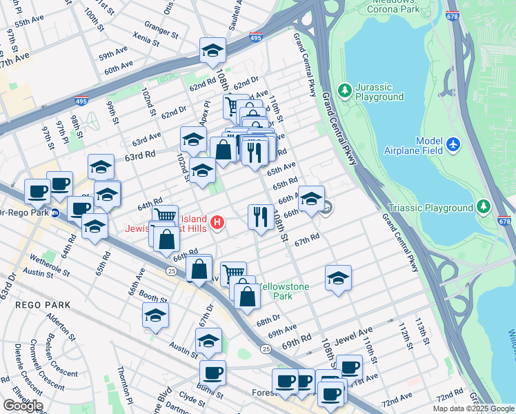 map of restaurants, bars, coffee shops, grocery stores, and more near 105-20 66th Avenue in Queens