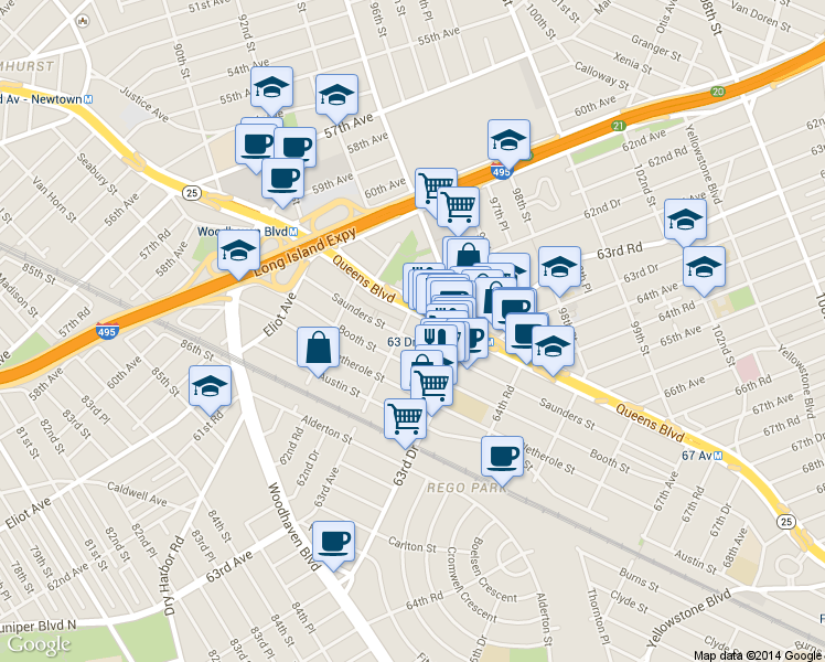 map of restaurants, bars, coffee shops, grocery stores, and more near 95-20 Queens Boulevard in Queens