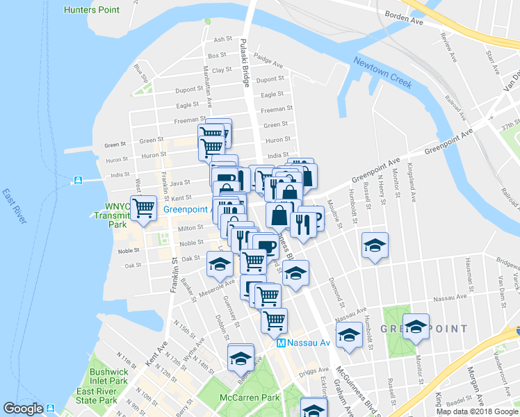 map of restaurants, bars, coffee shops, grocery stores, and more near 211 McGuinness Boulevard in Brooklyn
