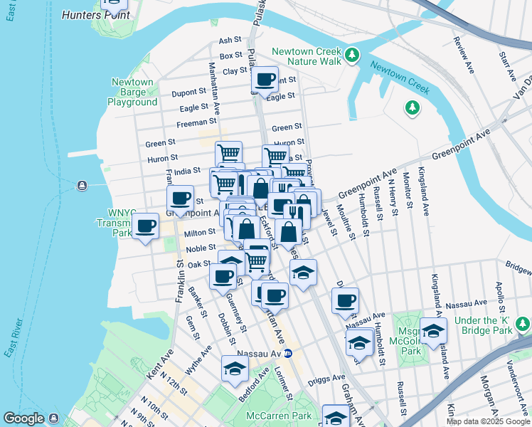 map of restaurants, bars, coffee shops, grocery stores, and more near 211 McGuinness Boulevard in Brooklyn