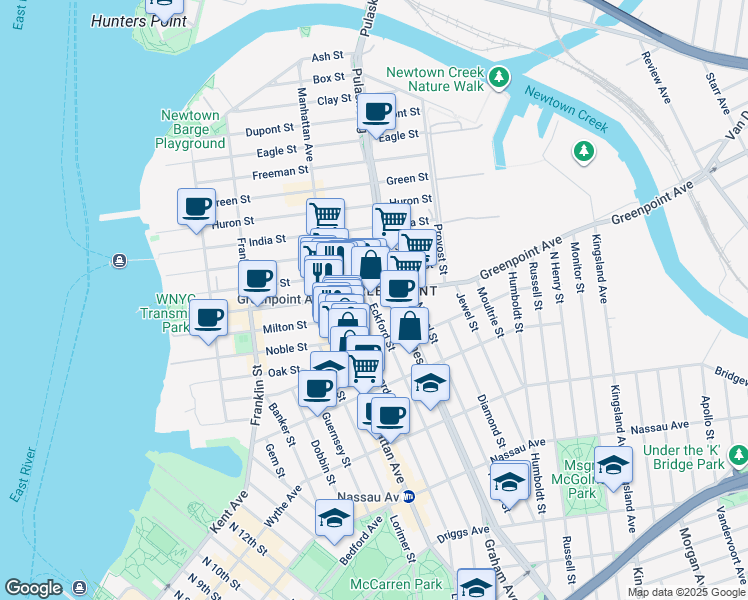 map of restaurants, bars, coffee shops, grocery stores, and more near 730 Leonard Street in Brooklyn