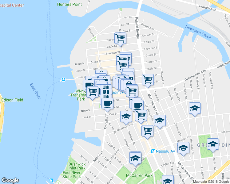 map of restaurants, bars, coffee shops, grocery stores, and more near 123 Milton Street in Brooklyn