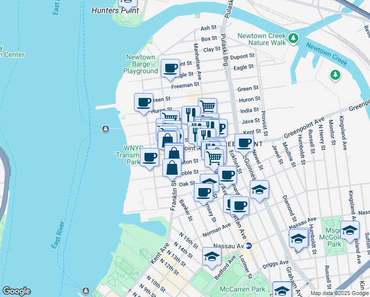 map of restaurants, bars, coffee shops, grocery stores, and more near 121 Milton Street in Brooklyn
