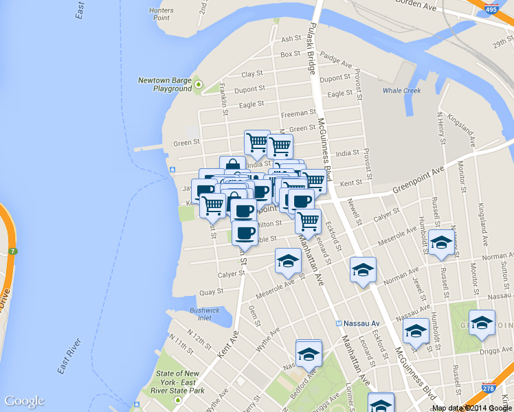 map of restaurants, bars, coffee shops, grocery stores, and more near 121 Milton Street in Brooklyn