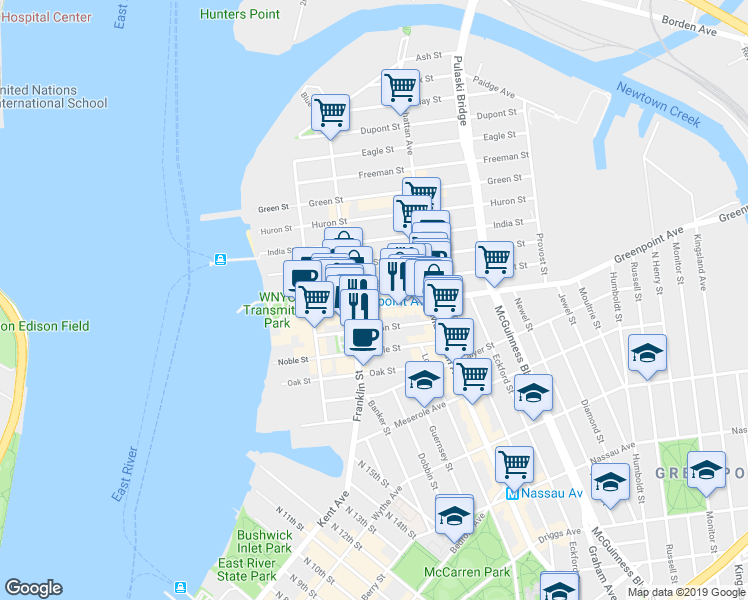 map of restaurants, bars, coffee shops, grocery stores, and more near 121 Milton Street in Brooklyn