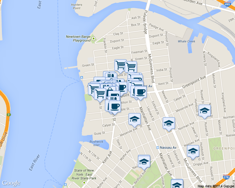 map of restaurants, bars, coffee shops, grocery stores, and more near 134 Franklin Street in Brooklyn