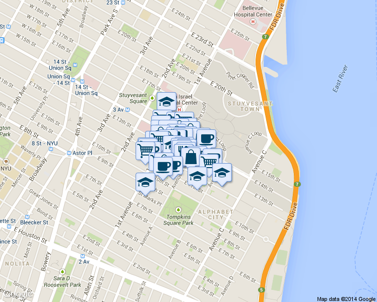 map of restaurants, bars, coffee shops, grocery stores, and more near 201 Avenue A in New York