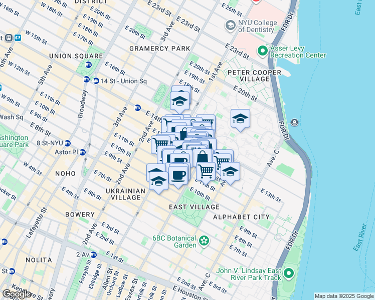 map of restaurants, bars, coffee shops, grocery stores, and more near 201 Avenue A in New York