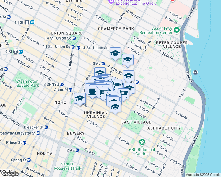 map of restaurants, bars, coffee shops, grocery stores, and more near 213 East 10th Street in New York