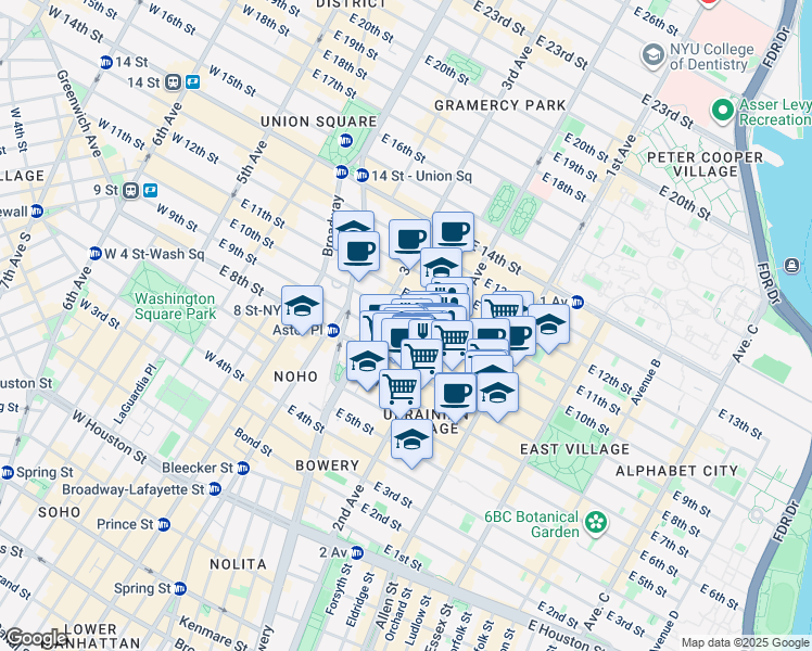 map of restaurants, bars, coffee shops, grocery stores, and more near 149 2nd Avenue in New York