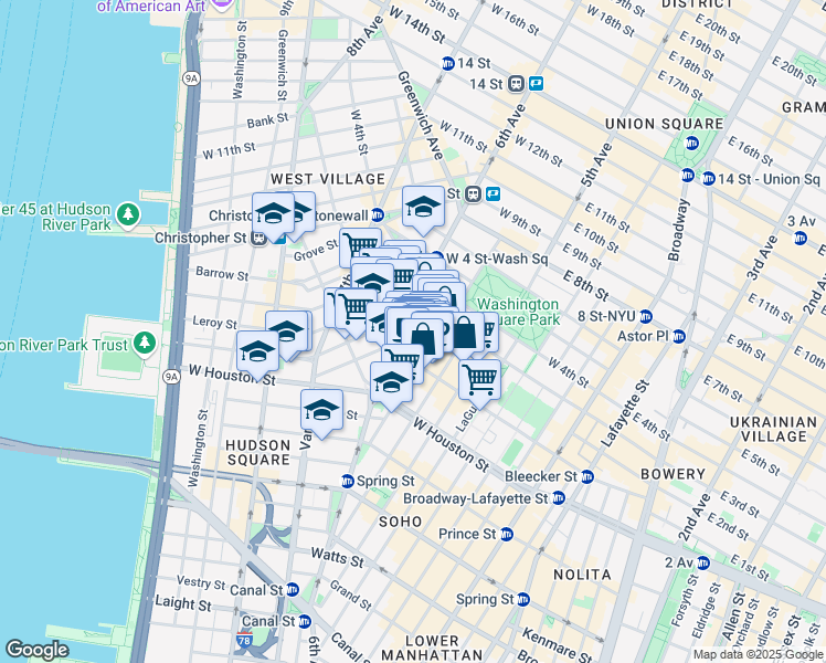 map of restaurants, bars, coffee shops, grocery stores, and more near 190 Bleecker Street in New York