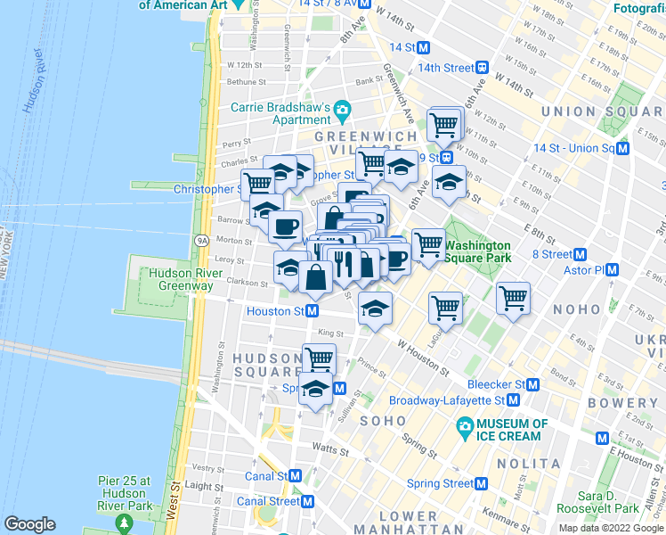 map of restaurants, bars, coffee shops, grocery stores, and more near in New York