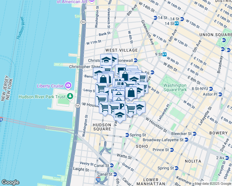 map of restaurants, bars, coffee shops, grocery stores, and more near 2 7th Avenue South in New York