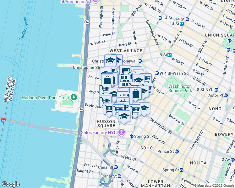 map of restaurants, bars, coffee shops, grocery stores, and more near 2 7th Avenue South in New York