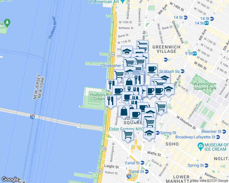 map of restaurants, bars, coffee shops, grocery stores, and more near 532 Washington Street in New York